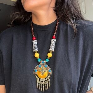 Handmade Tibetan Tassel Necklace Bullhead Pendant Turquoise Gemstone Art to Wear